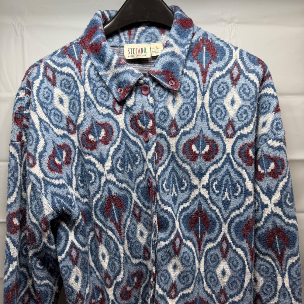 Stefano International Blue Geometric Knit Button Front Cardigan Sweater Large